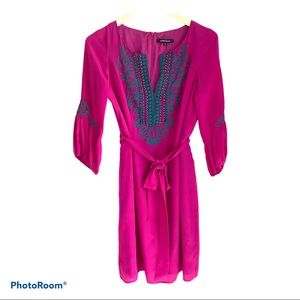 Nanette Lepore Fushia 100% Silk Midi Dress with Embroidery Beads & Belt Size S